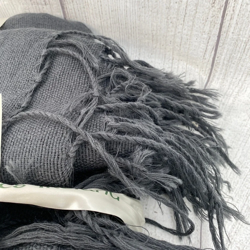 Aran Crafts Wool Throw Blanket Charcoal Gray Striped Fringed Ireland Natural